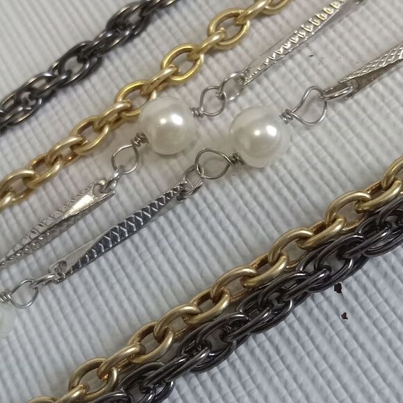 Triple Strand Long Length Gold & Silver Toned Layered Chain Statement Necklace - Picture 5 of 9
